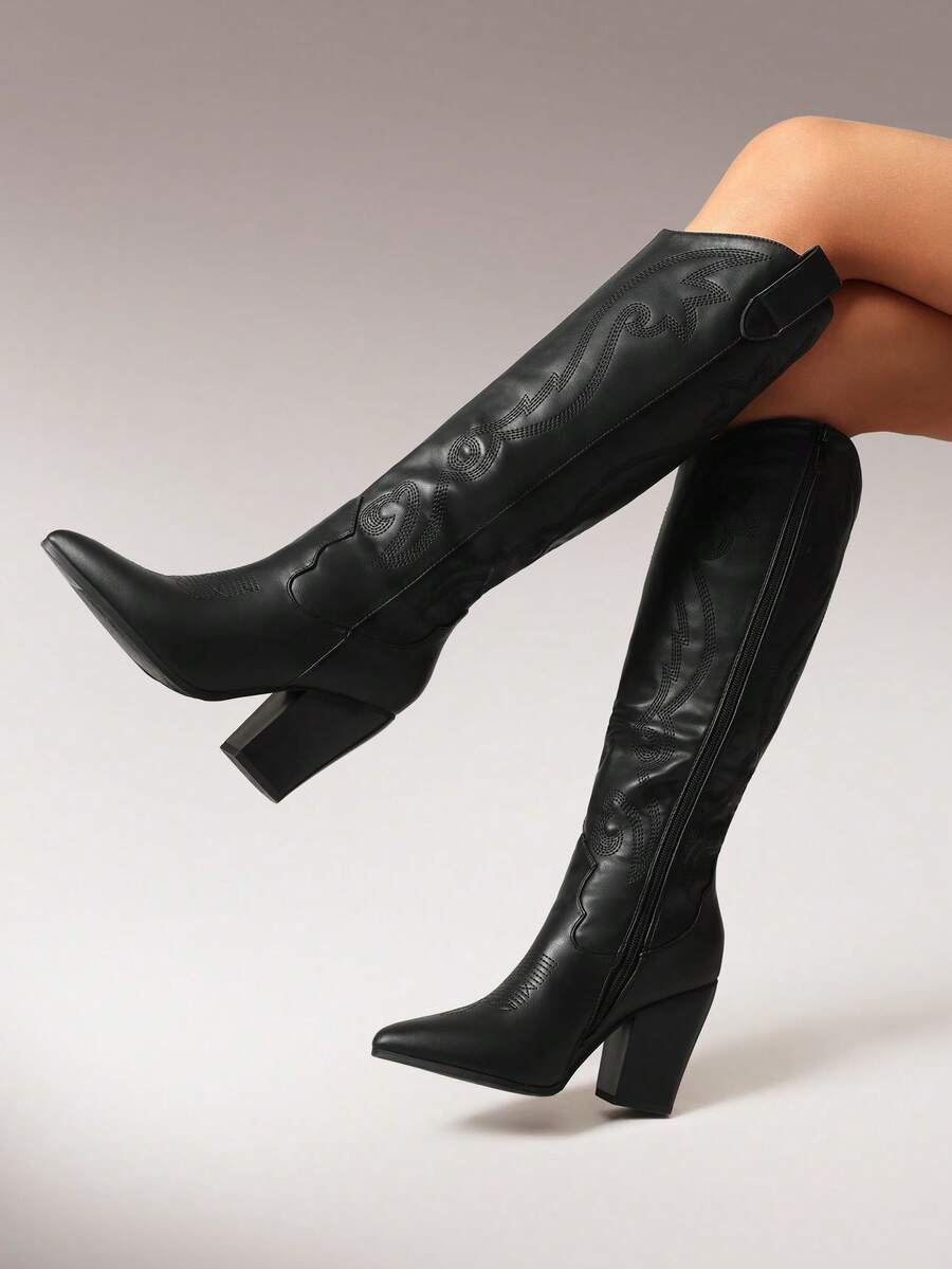 Cowboy Boots For Women, Comfortable Pull On Zipper Chunky Heel Pointed Toe Embroidered Western Cowgirl  Knee High Boots Christmas Fall - màu đen - Xem 1