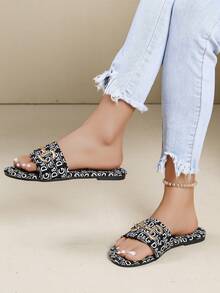 2026夏季新款设计师女士金色搭扣印花拖鞋，舒适时尚日常穿着拖鞋 - 黑色 - 查看 5