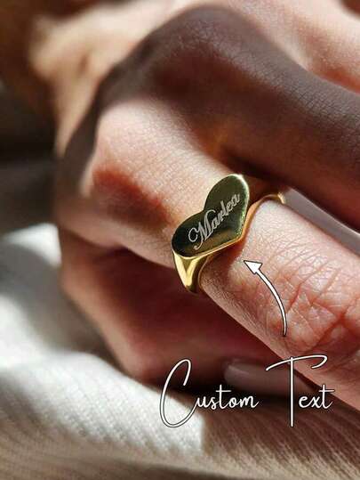 1 pieza Anillo personalizado con nombre, Anillo con forma de corazón - Regalo del Día de la Madre, Regalo para mamá, Anillo grabado - Anillo de mujer - Anillo con letra - Anillo con sello dorado - Anillo personalizado
