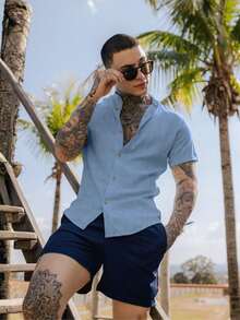 Light Blue Men's Dress Shirt With Mandarin Collar, Lightweight And Cool Dunas Fabric - Summer 2026 - Beach Shirt - Everyday Shirt - 霧霾藍 - 查看 2