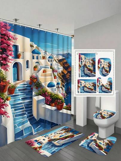 1/4pcs Greek City Diamond Art Gemstone Bathroom Curtain Set, Waterproof Polyester Shower Curtain, Non-Slip Bath Mat, U-Shaped Toilet Rug, Toilet Lid Cover With 12 Hooks - Modern Style, Suitable For Home Decor, Bathroom Decor And Accessories, Easy To Clean And Maintain, Elegant Housewarming Gift - Fit For All Seasons