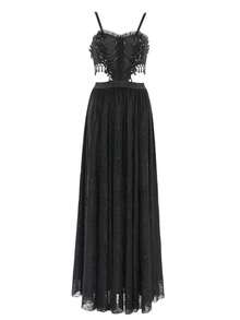 EVA LADY Women's Beaded Tassel Tie-Up Mesh Maxi Slip Dress - Black - View 16