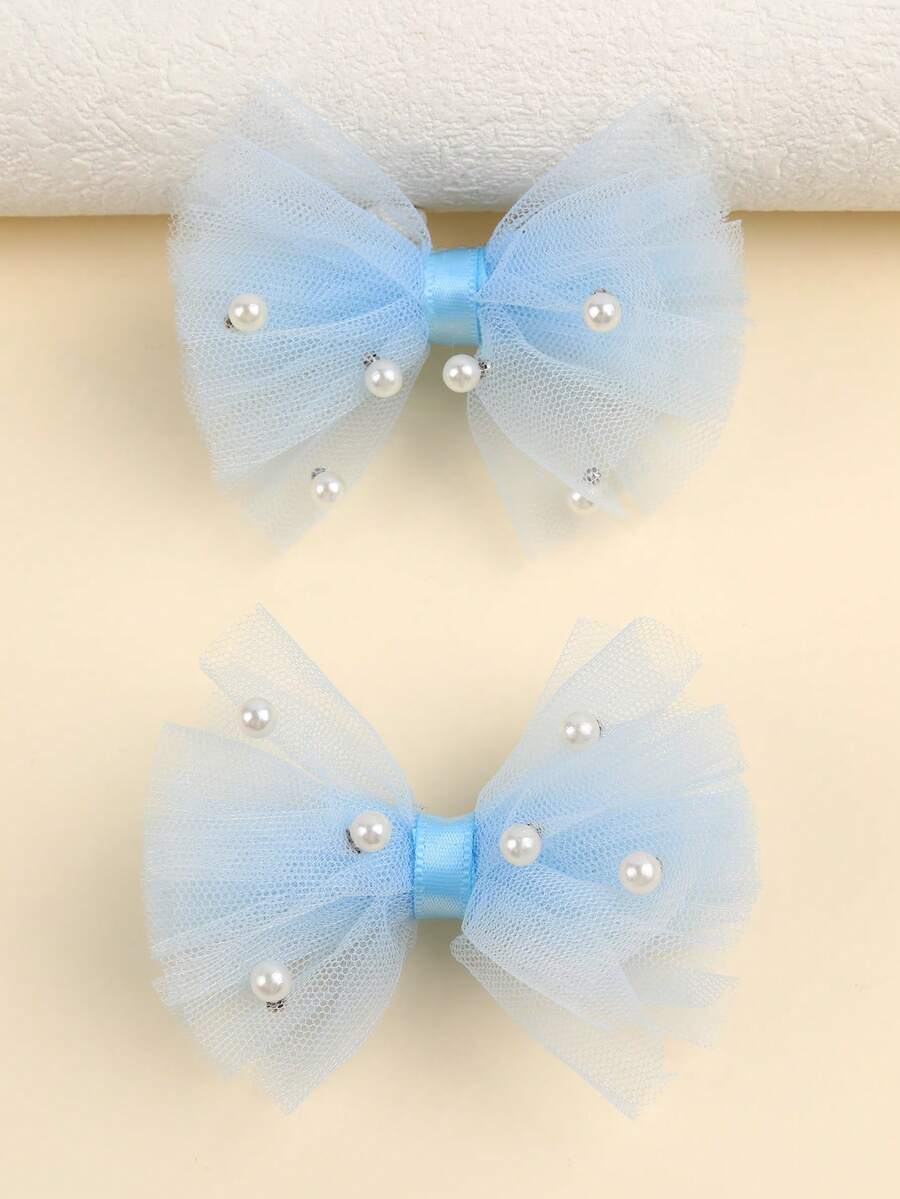 2pcs Mother's Day Blue Chiffon Faux Pearl Hair Clips, Fashion Hair Accessories, Suitable For Kids & Children, Spring/Summer Gift, Wedding Theme Gift - Royal Blue - View 1