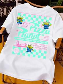 Disney Stylish And Casual Men's Crew Neck Short-Sleeved Shirt With A Toy Story Pizza Planet Three-Eyed Mike Print. A Preppy Style Loose-Fitting T-Shirt For Couples, Made Of 100% Pure Cotton, Comfortable And Soft, Suitable For Everyday Wear, Outings, Parties, Work, And Commuting. - White - View 3