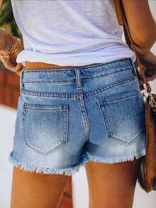 Quần short denim nữ dáng rộng, thời trang, thoải mái, phong cách VICI, chất liệu denim bạc màu, rách nhẹ, bạc màu, thích hợp cho kỳ nghỉ hè. - Rửa nhẹ - Xem 6