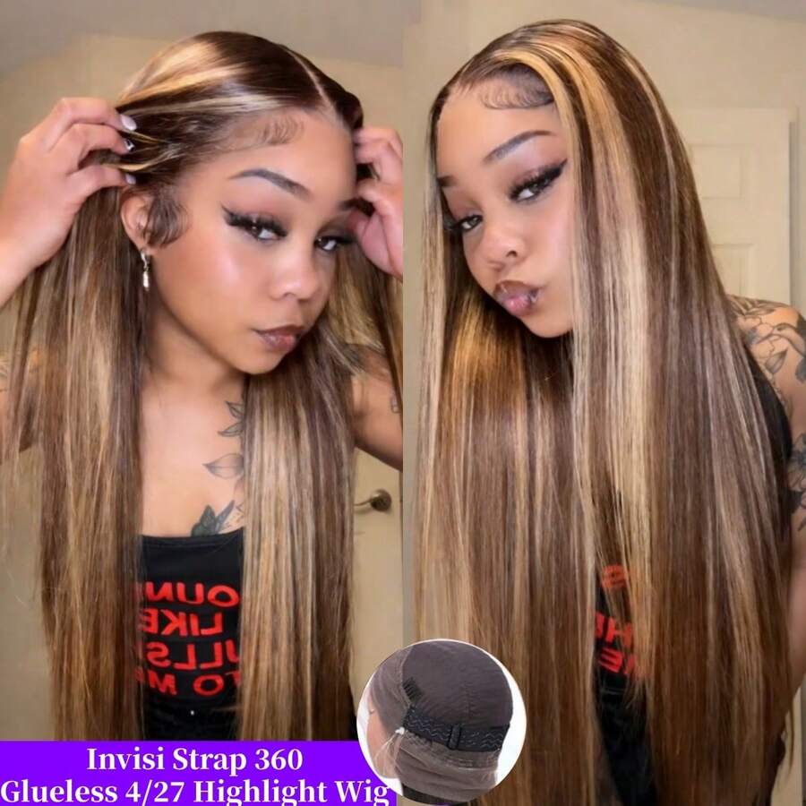 ZHENDEFA 4/27 渐变蜂蜜金挑染真人发直发360蕾丝假发，预先拔毛棕色挑染，真发隐藏式绑带，360高清透明蕾丝前额假发，带婴儿发，巴西假发