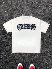 Graffiti Word HOMIES" Represents Unity Friendship And Street Culture Spirit Printed Boldly Across Chest 1Pcs Men's 100% Cotton Classic Crewneck Casual Short Sleeve Tshirt - trắng - Xem 1