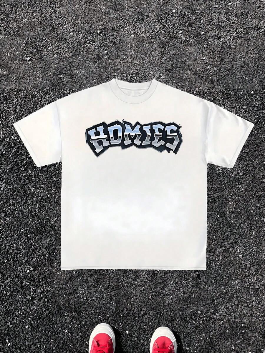Graffiti Word HOMIES" Represents Unity Friendship And Street Culture Spirit Printed Boldly Across Chest 1Pcs Men's 100% Cotton Classic Crewneck Casual Short Sleeve Tshirt - trắng - Xem 1