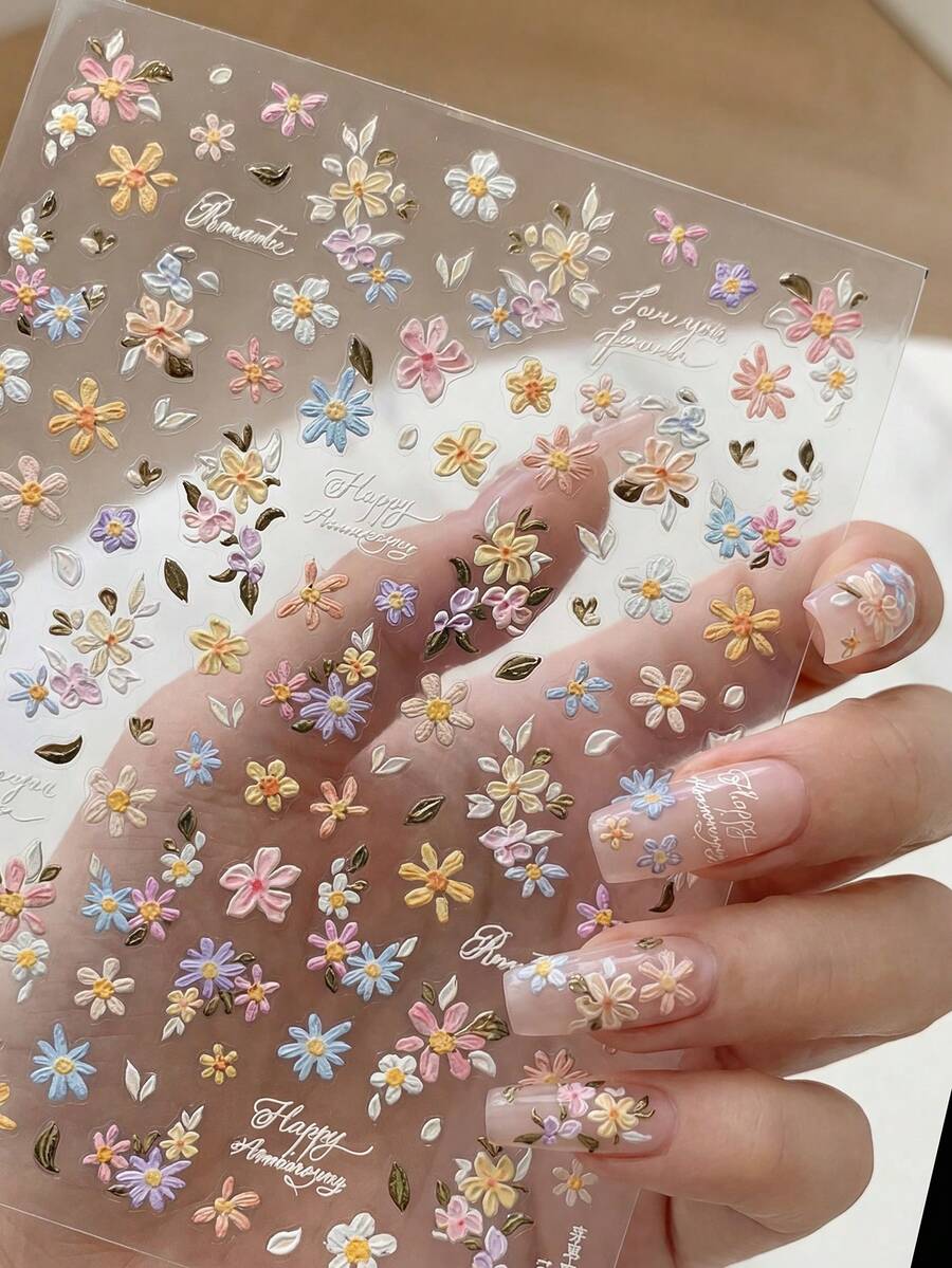 1片白色花朵3D仿珍珠美甲贴纸，DIY 3D自粘美甲饰品装饰，Y2K风格美甲配件贴纸
