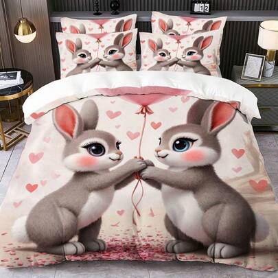 2/3pcs Digital Printed Duvet Cover Set (Duvet Cover*1, Pillowcase*1/2, Excluding Comforter And Pillow Insert), Skin-Friendly Soft And Comfortable, Suitable For Hotel, Guest Room, Dormitory, Bedroom, Bedding, All Seasons, Cute Rabbit