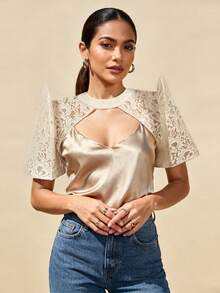 1pc Butterfly Sleeves Filipiniana Lace Cropped Top, Suitable For Festivals, Vacations, Dates, Travels, Spring/Summer - Champagne - View 2