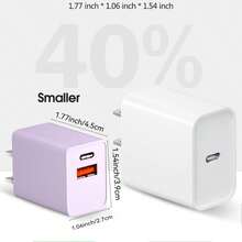 USB-C墙充，20W耐用双口QC+PD 3.0快充适配器，双快充插头，兼容 14/15/16/17 Pro/Pro Max/Plus、XS/XR/X、 Series 8/7，紫色 - 淡紫色 - 查看 3