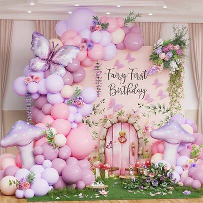 102 piezas Kit de arco de globos del mundo de las hadas con globos de látex en tonos pastel de rosa, morado y verde polvoriento, junto con globos de foil con mariposas y setas para decoración de fiesta de cumpleaños, baby shower, primavera o té de jardín con tema de hadas y mariposas