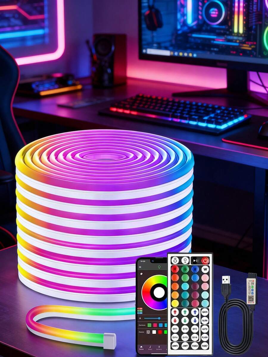 1 Set Of 44-Key Remote Control USB Powered LED Light Strip, Flexible Neon Lights, Adjustable Color Modes, Self-Adhesive Backing, Suitable For TV, Computer Screen, Holiday, Bedroom, Home Decor, Christmas, DIY, Household, Floral Decoration - Multi-color light - View 1