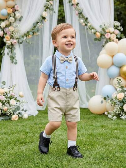 BOARNSEORL 2pcs Young Boys Gentleman Outfit, Blue Short Sleeve Shirt With Bow Tie And Suspender Shorts, Suitable For Wedding, Full Moon Ceremony, Birthday Party, Holiday Events