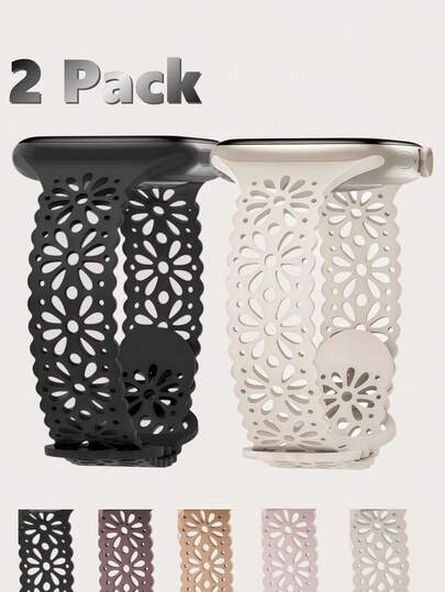 2 paquetes de correas de reloj de silicona con flores de encaje huecas compatibles con Band 38mm 40mm 41mm 42mm 44mm 45mm 46mm 49mm, correas deportivas finas, huecas, delgadas, grabadas y transpirables, resistentes al agua, compatibles con Ultra 3 2 1 Series 11/10/9/8/7/SE/6/5/4/3/2/1 para mujeres y hombres