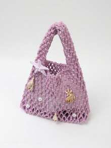 BAILEE 1 Set de Bolso Tote Tejido de Poliéster con Base de Malla de Ganchillo, Multicolor, Sólido, Patrón de Diamantes Acolchado, Ligero, Portátil, de Gran Capacidad, Bonito y a la Moda, Bol - Púrpura malva - Ver 8
