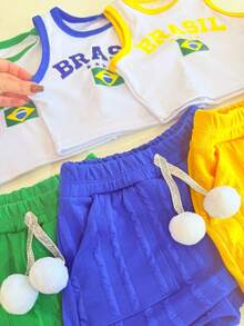 Brazil World Cup Kids' Set: Cheerleader Shorts And Skirt With Ribbed Cropped Top With Pom-Poms – Patriotic Fashion, Ages 4-16 - 藍色 - 查看 5