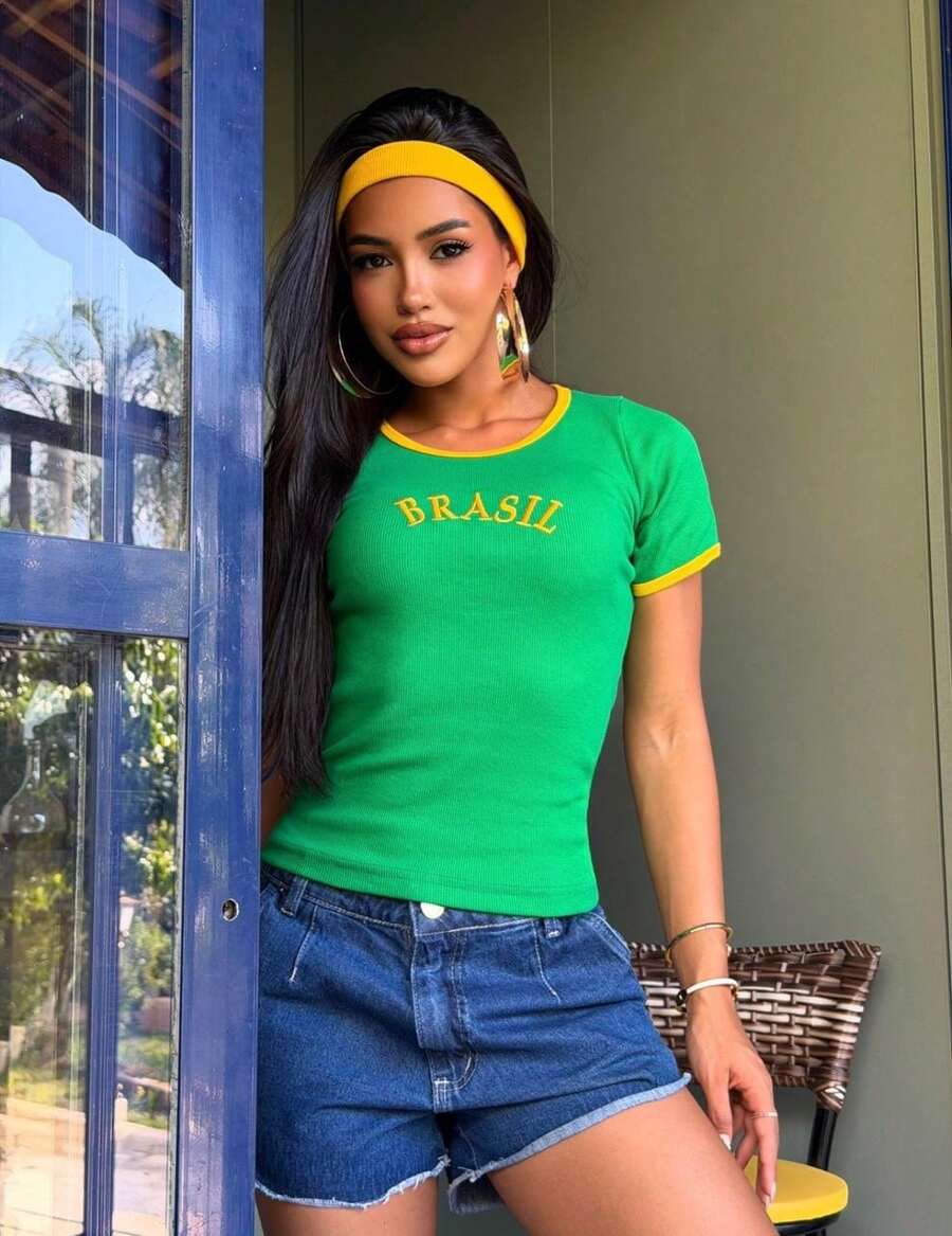 Women's Brazil Cotton Ribbed T-Shirt, Fitted To The Body, Casual, Comfortable, Short Sleeve, World Cup, Beach, Vacation - 綠色 - 查看 1