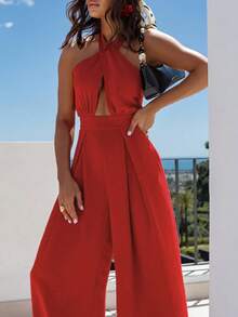 Jumpsuit Wanita Musim Panas Warna Polos Tanpa Punggung dengan Tali Silang dan Kaki Lebar, Cocok untuk Liburan, Sehari-hari, dan Pakaian Pantai - Merah - View 4