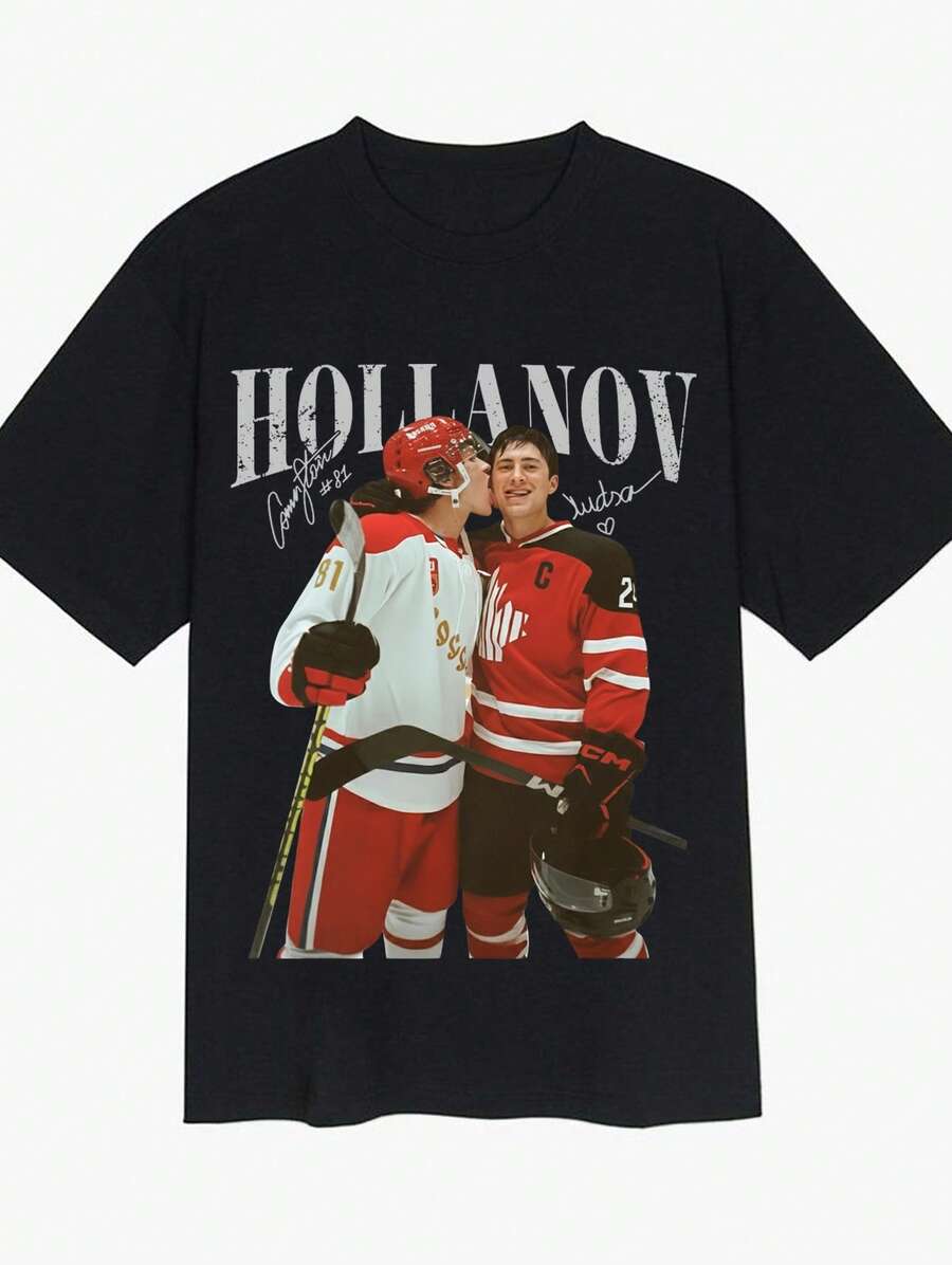 Plus Size Women's Vintage Hockey Hollanov Heated Rivalry Graphic Tee T-Shirt Casual Minimalist Pattern Round Neck Short Sleeve Loose Fit Plus Size T-Shirt, Suitable For Summer, Going Out - 12A - 查看 1