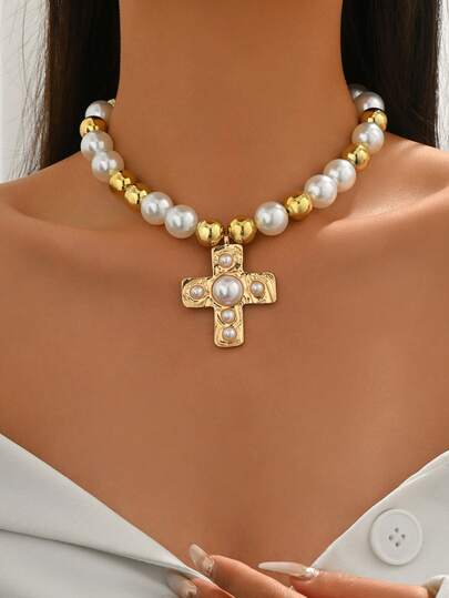 1pc Chunky Jewelry Faux Pearl CCB Handmade Beaded Choker Necklace, Fashion Versatile Inlaid Faux Pearl Cross Pendant Necklace For Women, Suitable For Daily Wear, Outings, Photography, Parties And Gatherings