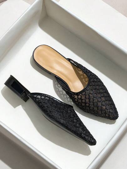 2026 Summer New Plus Size Women's Mesh Sexy Breathable Black Pointed Toe Chunky Heel Versatile Slip-On Nightclub Comfortable High Heel Sandals