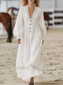 Vestido blanco elegante estilo francés, manga larga, primavera 2026 - Blanco - Ver 4