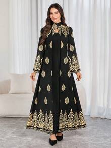 Women's Elegant Black & Gold Printed Long Dress - High Neck, Bell Sleeves, Fitted Silhouette, Suitable For Spring/Autumn Party, Gathering And Holiday Celebration - Black - View 3
