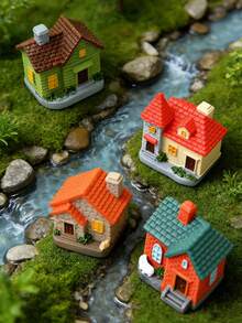 4件套迷你仙女花园小屋套装，仿真树脂苔藓屋，树脂木屋，适用于玻璃容器、盆景和家居装饰 - 多功能室内/室外装饰，情人节、母亲节、劳动节礼物，水族箱装饰，附加装饰 - A - 查看 7