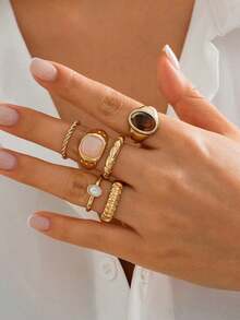 6pcs/Set Minimalist French Style Metal Vintage Rings Set, Personalized Design, Suitable For Parties, Gifts, Daily Wear (Please Do Not Wear While Bathing, Size Chart Included, Do Not Forcefully Bend, Purchase Carefully) (Slight Difference Between Picture And Actual Product, Actual Product Prevails) - Gold - View 6