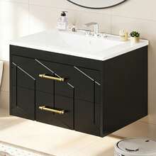Vanidad de baño de 30 pulgadas con lavabo Combo, Vanidad de baño flotante con lavabo de cerámica, 2 cajones grandes con mango de oro, diseño de cierre suave, fácil montaje - Negro - Ver 3