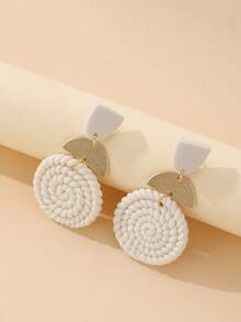 1 Pair Handmade Woven White Soft Ceramic & Semi-Circle Metal Slice Geometric Earrings, Unique , Suitable For Outing, Party, Vacation, Afternoon Tea, And As Gift - White - View 4