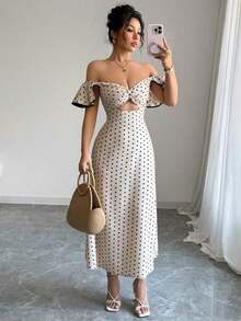 Women's Elegant Gyaru Street Style Off-Shoulder Polka Dot Cutout Waist Long Dress Summer Vacation Dress - 杏色 - 查看 7
