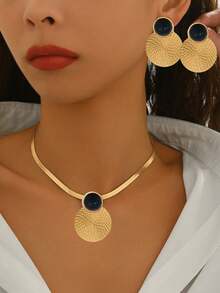 两件套中东风情优雅项链耳环首饰套装，时尚金色几何螺旋圆形吊坠，扁平蛇链和圆形蛇链双层设计，适合日常佩戴、节日庆典、四季皆宜，是馈赠佳品。 - 黑Golden - 查看 1