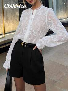 Women's Elegant White Floral Embossed Ruffled Blouse - Long Sleeve Button Front, Sculpted & Polished For Easter - White - View 7