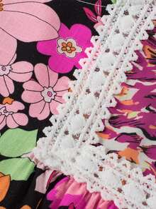 Petal Sleeve Lace Trim Floral Mixed Print Ruffle Hem Women Blouse Casual Summer - Hot Pink - View 6