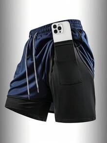 1pc Men's Sports Shorts, Summer Lightweight 2-In-1 Shorts With Mesh Fabric And Elastic Lining, Suitable For Workout, Running, Gym Use - Navy Blue - View 5