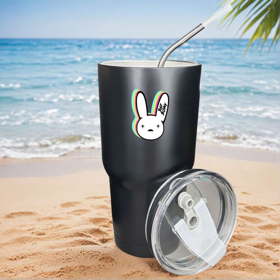 30oz Stainless Steel Tumbler Black White Options,  Colorful Bunny With Rainbow Ears And Text Graphic Cups, Insulated Travel Coffee Mug With Lid And Straw , Double Wall Vacuum Reusable Travel Cups, Funny Birthday Party Gift For Women & Men - 黑色 - 查看 1