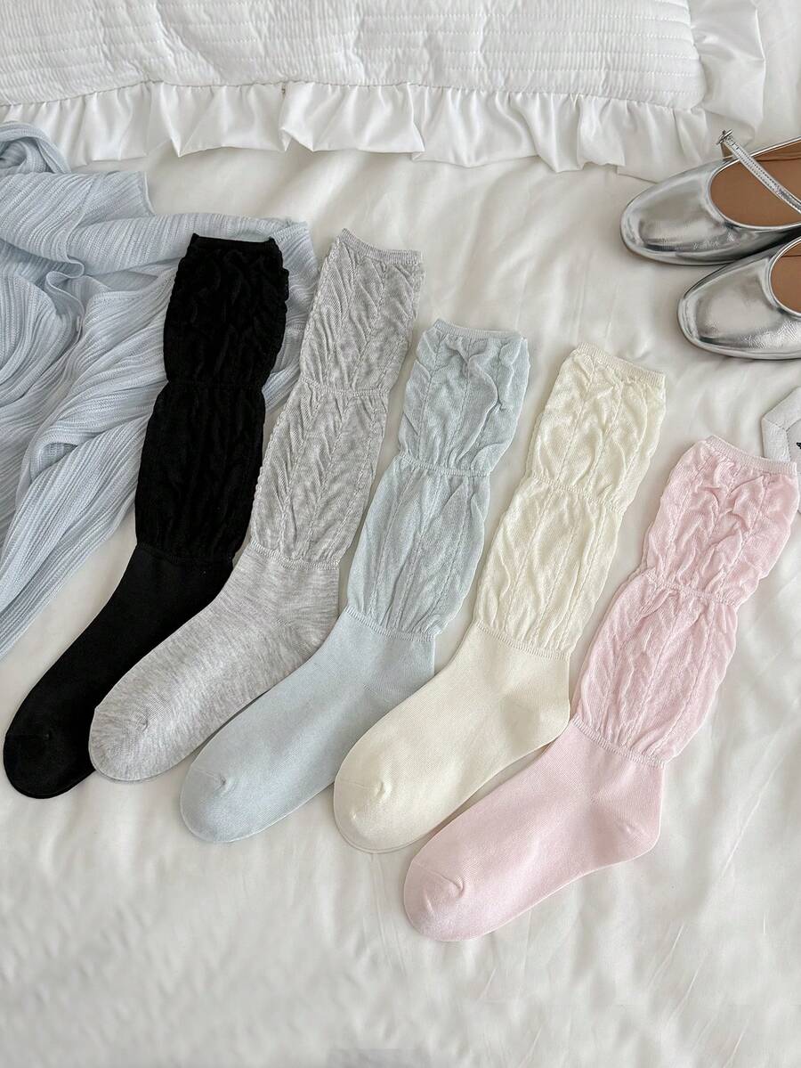 1 đôi tất dài đến đầu gối mỏng, màu trơn, chất liệu rayon, kiểu dáng xếp ly, phong cách tối giản Hàn Quốc dành cho nữ. - Nhiều màu - Xem 1