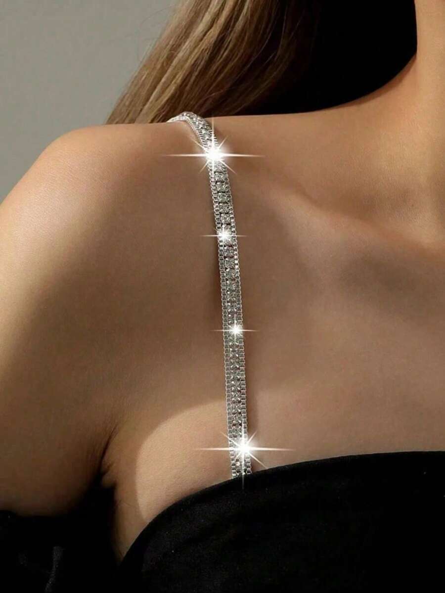 女士可调节防滑肩带一对，镶钻文胸肩带，隐形肩带，宽版设计 - 銀色 - 查看 1