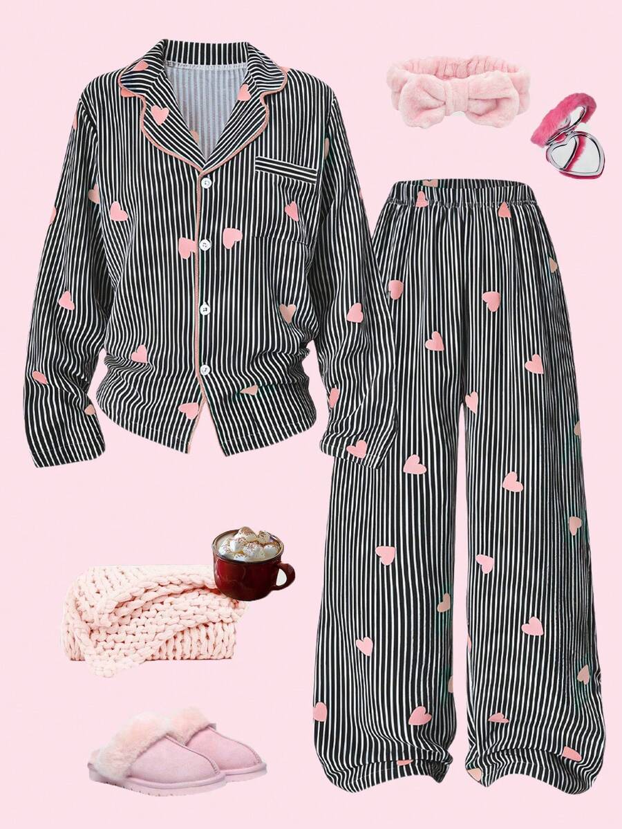 1件時尚優雅2件式居家服套裝,包含粉色愛心條紋上衣和長褲,適合女孩在春、秋、冬季節穿著。採用舒適面料製成,配有翻領鈕扣設計,非常適合日常穿著、派對、假期、情人節和休閒場合 - 黑色 - 查看 1