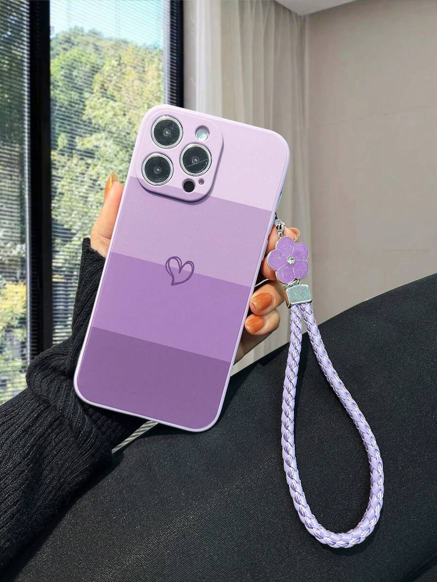 Carcasă de telefon anti-cădere în formă de inimă, pictată în culoarea violet, cu brățară pictată în gol, compatibilă cu 17/17Pro/17ProMax/16/11/16Pro/16Plus/16ProMax/16E/15ProMax/13/14/12/XS/XR/7G/8P, Galaxy S25/S25Plus/S25Ultra/A16/A36/A26/A56/A50/A12/A32/A52/A72/A51/A21S/A13/A14/S24/S24Plus/S24Ultra/S20/S23/S22/A53/S20FE/S21, versiune internațională, nu versiunea internă - Multicolor - Vizualizare 1