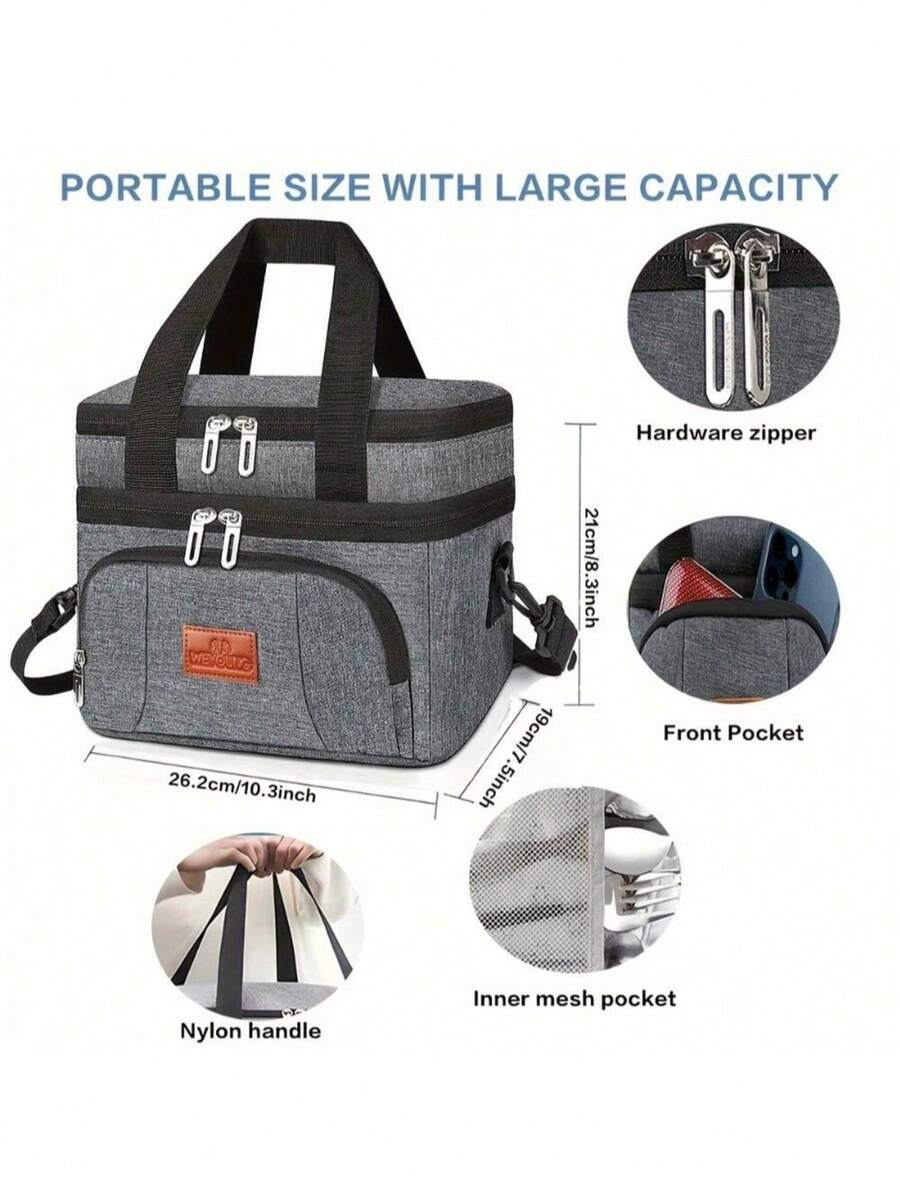 Túi đựng đồ ăn trưa hai lớp đa năng dành cho nam nữ, dung tích lớn, thích hợp mang đi du lịch hoặc dã ngoại, có dây đeo vai. - Màu Xám nhạt - Xem 1