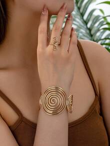 Set de 2 piezas de joyería con diseño geométrico asimétrico de círculo y espiral, brazalete y anillo de metal hueco con diseño geométrico, adecuado para uso diario en todas las estaciones - Amarillo Oro - Ver 1