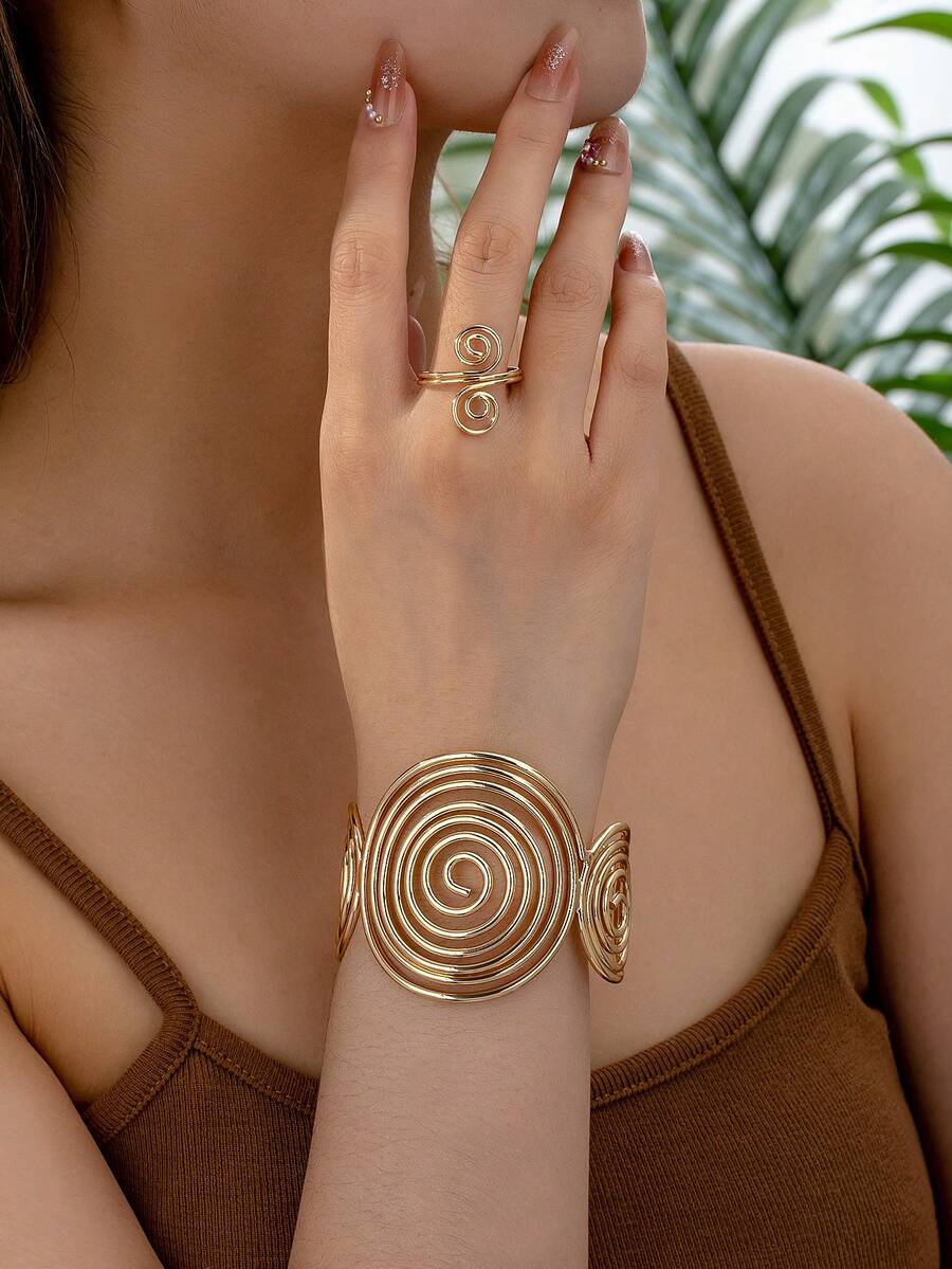 Set de 2 piezas de joyería con diseño geométrico asimétrico de círculo y espiral, brazalete y anillo de metal hueco con diseño geométrico, adecuado para uso diario en todas las estaciones - Amarillo Oro - Ver 1