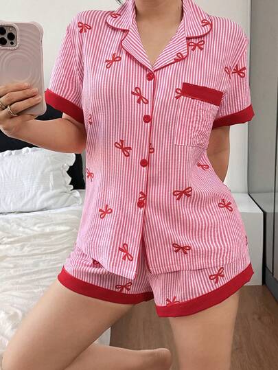 Dreamivo Bộ đồ ngủ nữ gồm áo tay ngắn kẻ sọc có cổ và quần short thắt nơ, thích hợp làm đồ ngủ và đồ mặc nhà cho nữ trong mọi mùa.