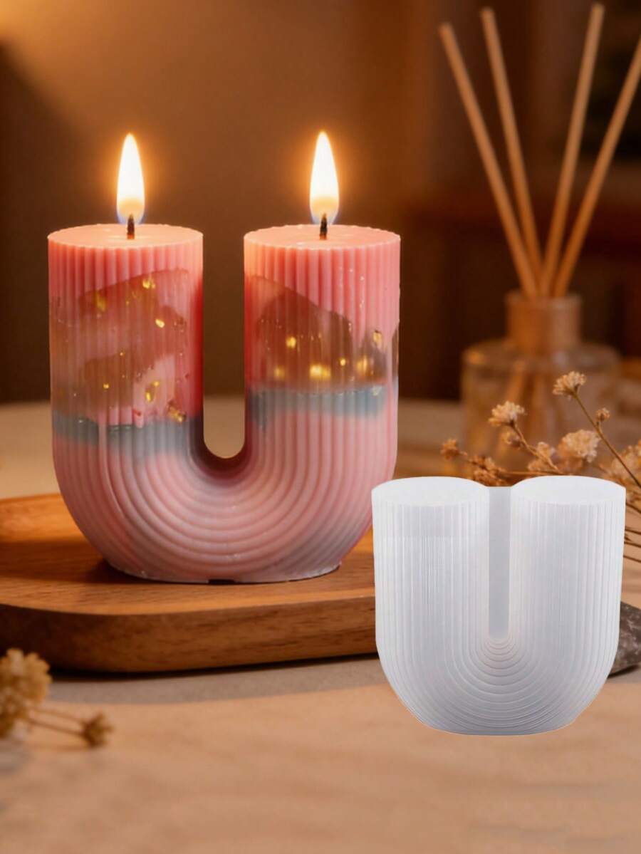 3D Striped U-Shaped Candle Silicone Mold, Geometric Striped Cylinder Arch Gate Rainbow Bridge Candle Holder Mold, Craft DIY Gypsum Resin Epoxy Casting Mold - White Silicone Mold - View 1