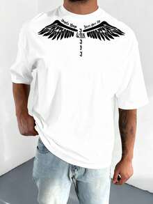 New Men's Versatile Daily Fashion Wing Letter Print Preppy Style Design Men's Casual T-Shirt - White - View 1