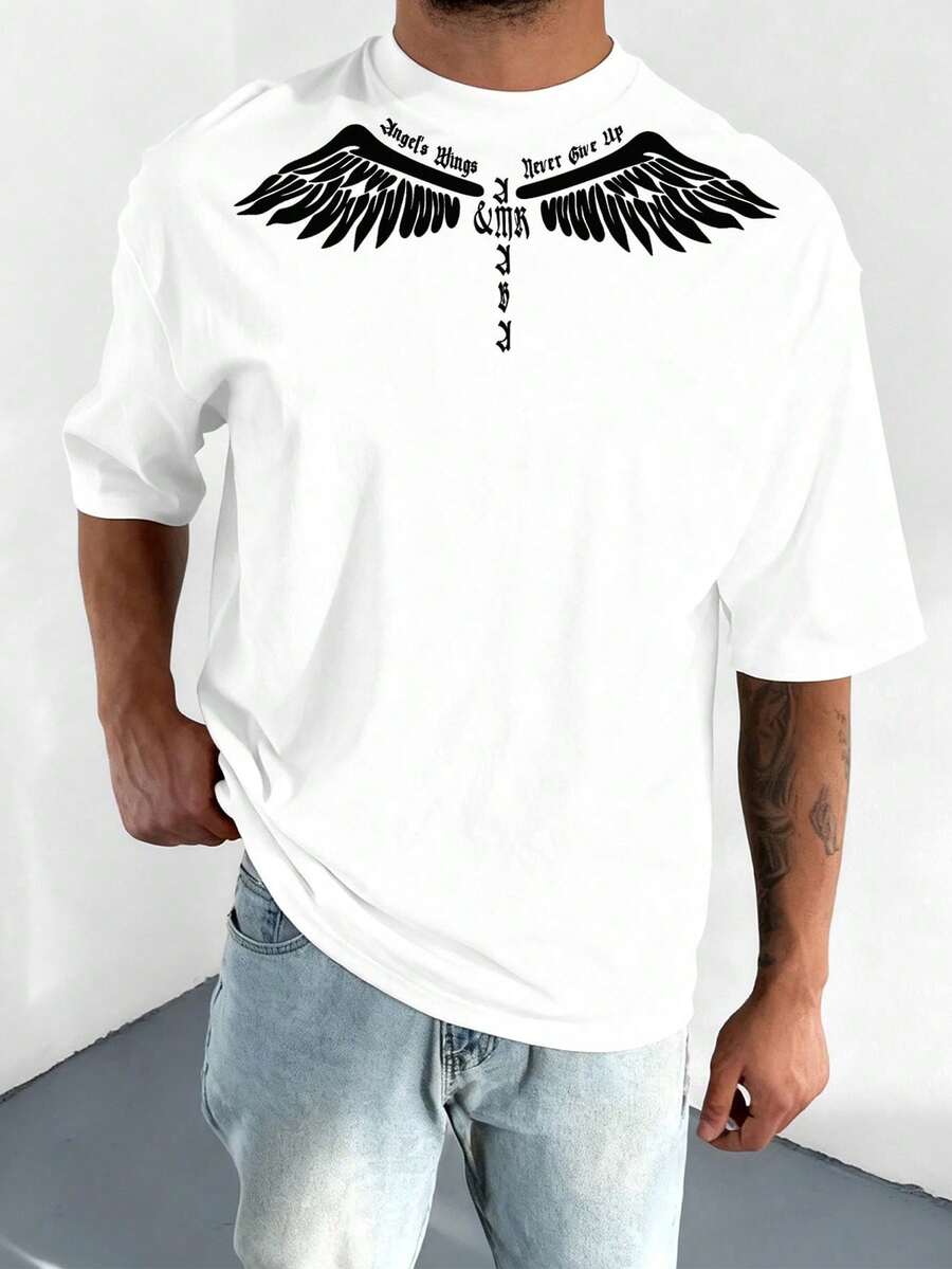 New Men's Versatile Daily Fashion Wing Letter Print Preppy Style Design Men's Casual T-Shirt - White - View 1